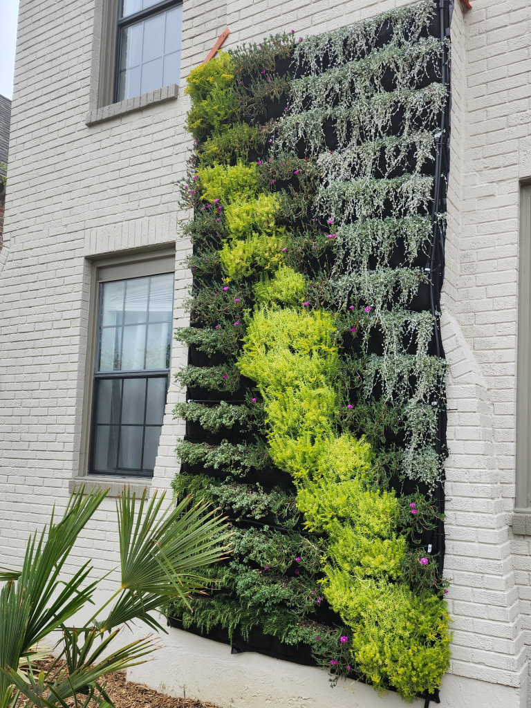 Backyard fence decorated with vertical planters and hanging plants.