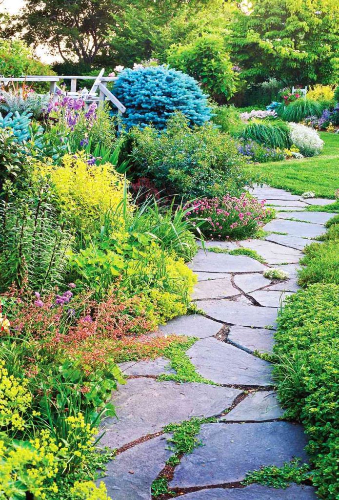 Backyard stepping stone pathway set in gravel instead of grass.