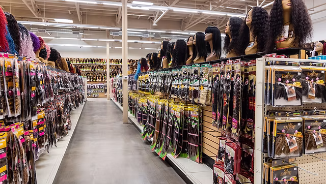 Beauty supply store wig aisle in the United States