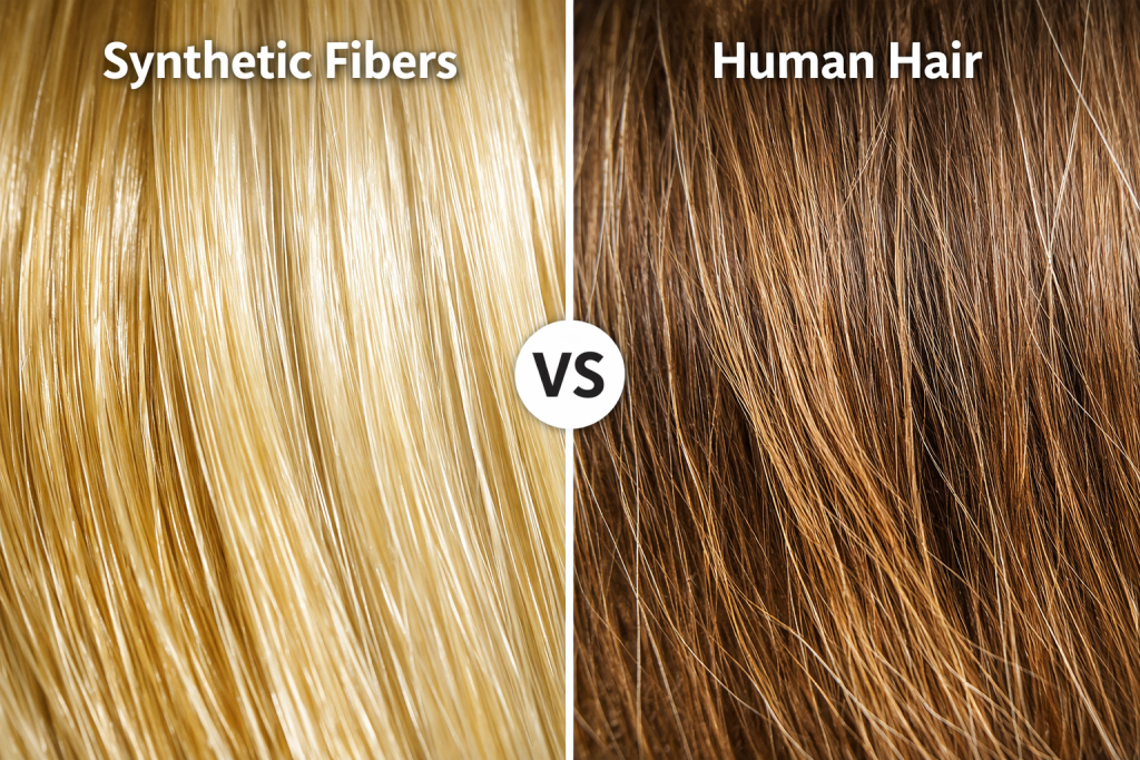 Comparison of synthetic wig fibers and natural human hair strands.