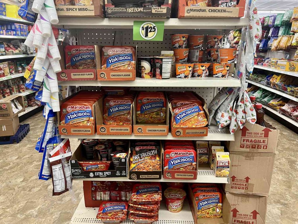 Dollar Tree food aisle showing low-cost pantry staples