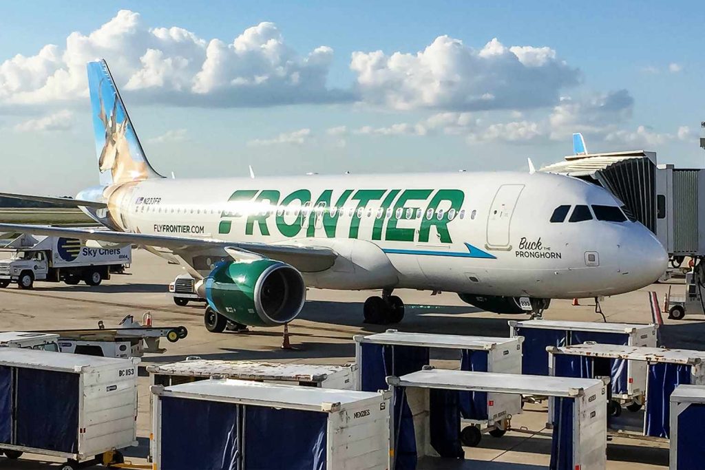 Frontier Airlines plane at departure gate