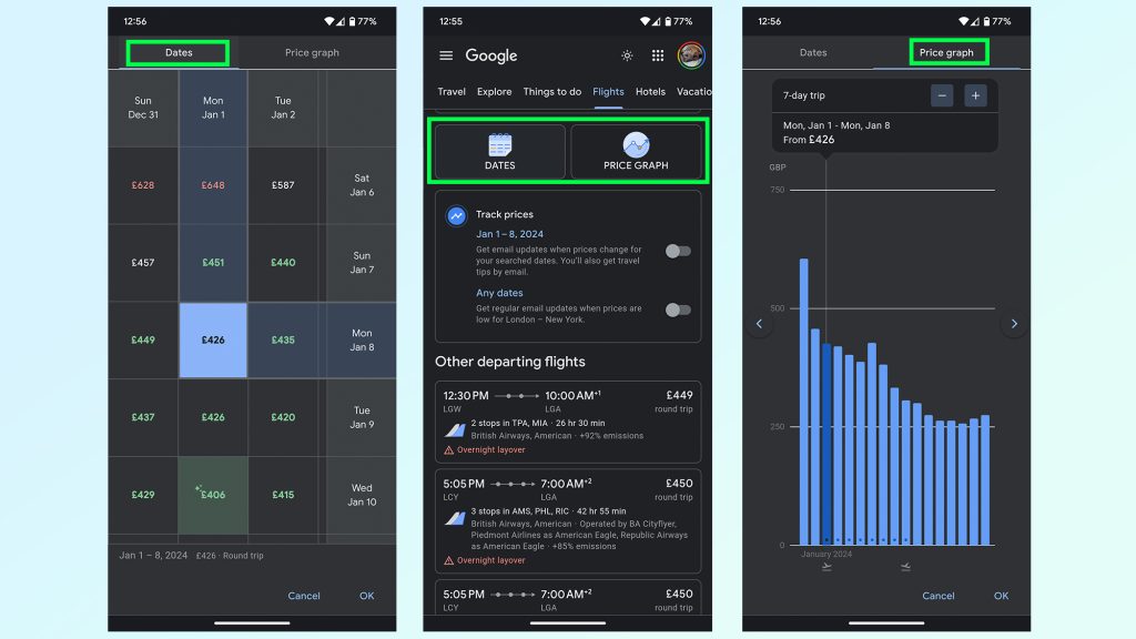 Google Flights price tracking feature enabled
