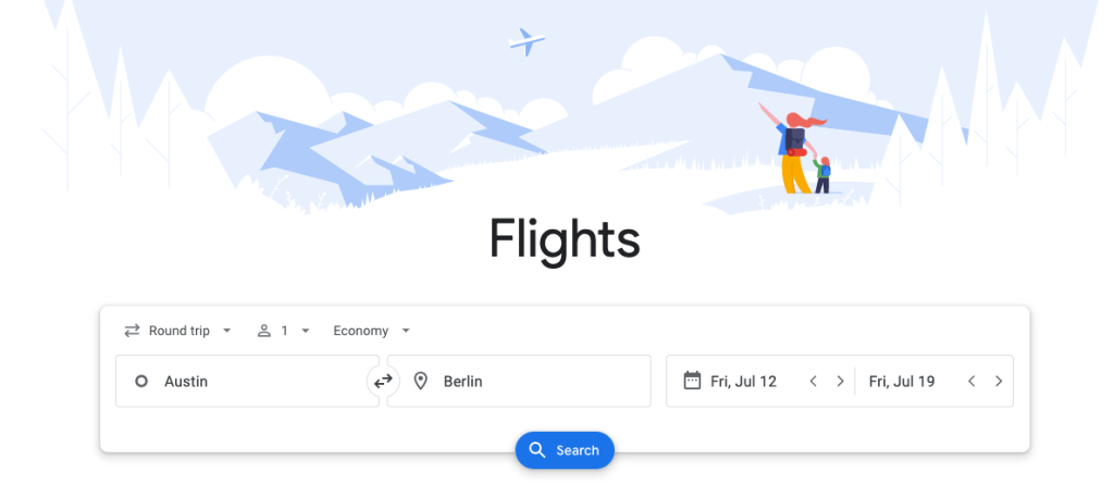 Google Flights search results page