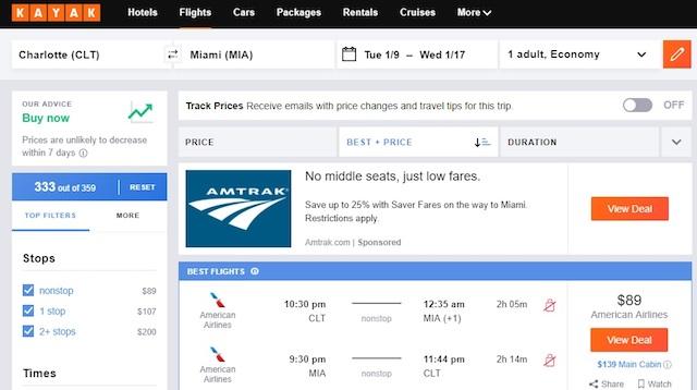 Kayak search results for Austin flights