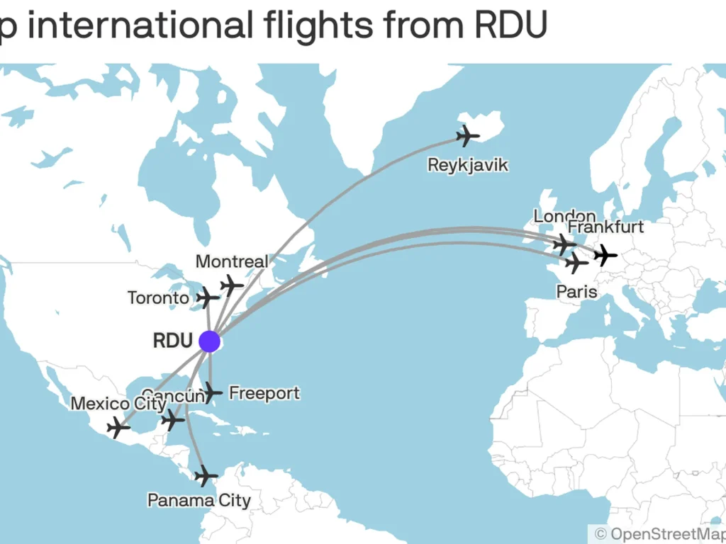 Popular US destinations reachable with cheap flights from RDU including Orlando, New York, Las Vegas and Chicago