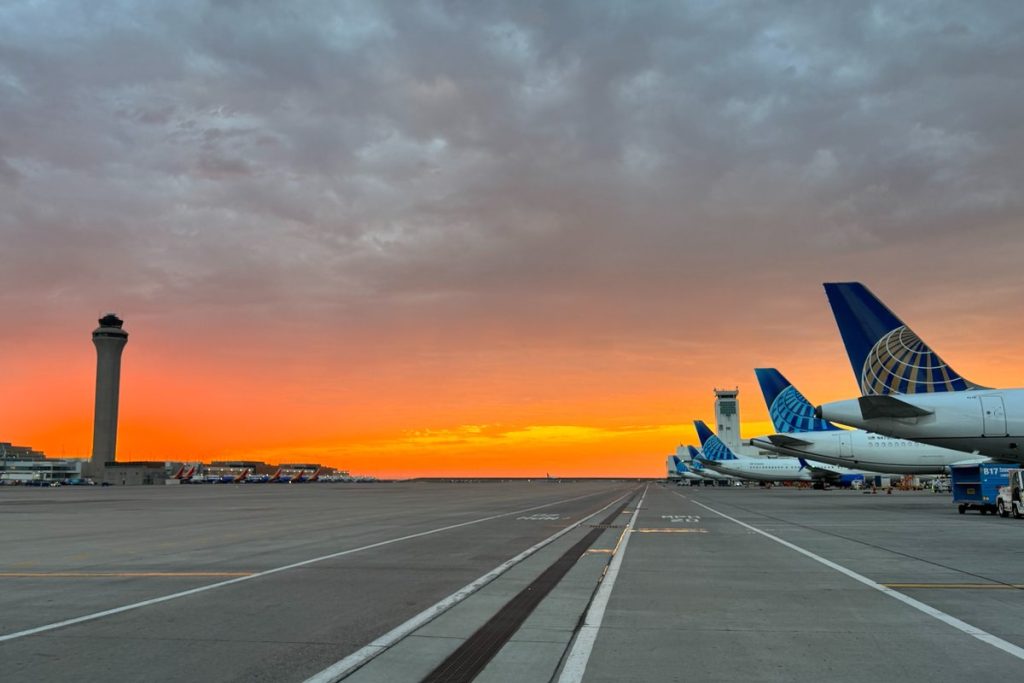 Runway at Denver airport during sunrise