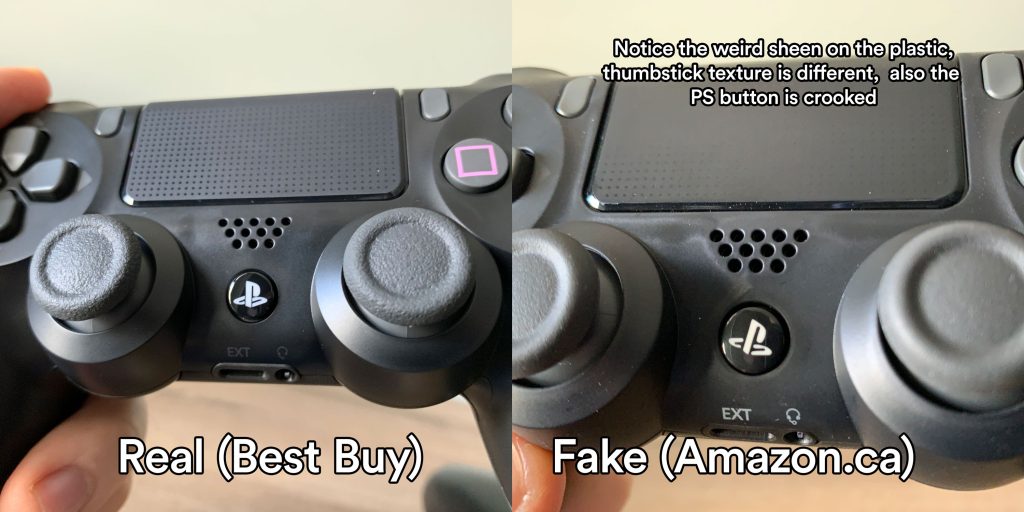 Signs of fake PS4 controller including packaging differences and missing serial numbers