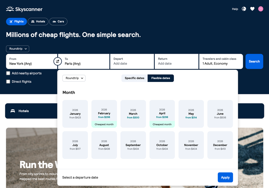 Skyscanner flexible date search interface