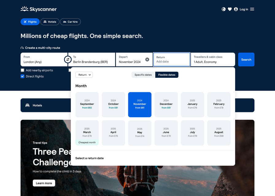 Skyscanner flight search interface