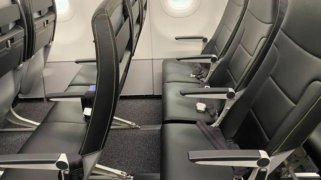 Spirit Airlines aircraft and interior seating on Atlanta to Houston route
