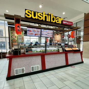 Sushi rolls displayed at a Sarku Japan mall food court location.