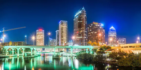 Tampa waterfront skyline at sunset