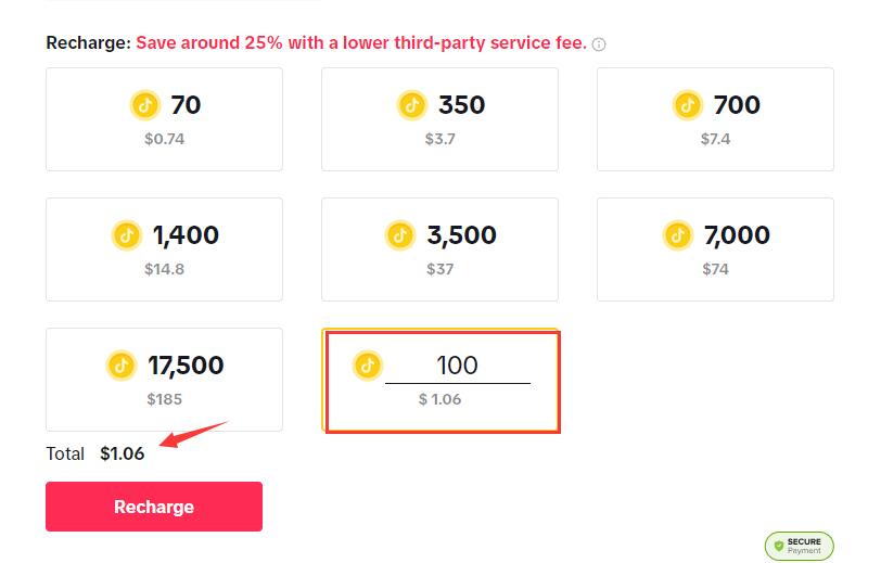 TikTok coin bundle pricing screen in US dollars