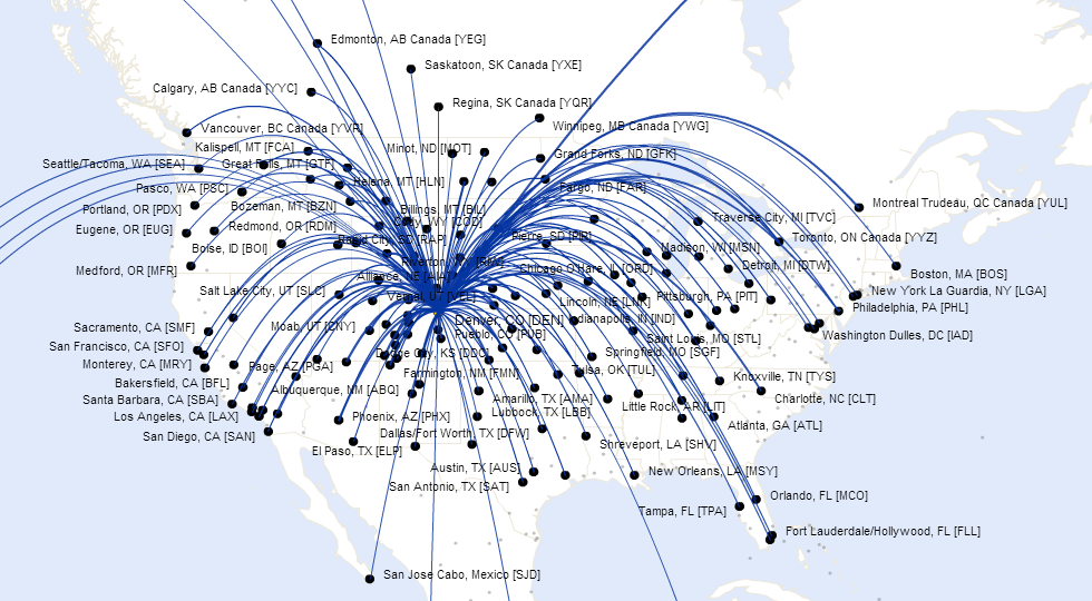 Flight routes map from Denver across the US
