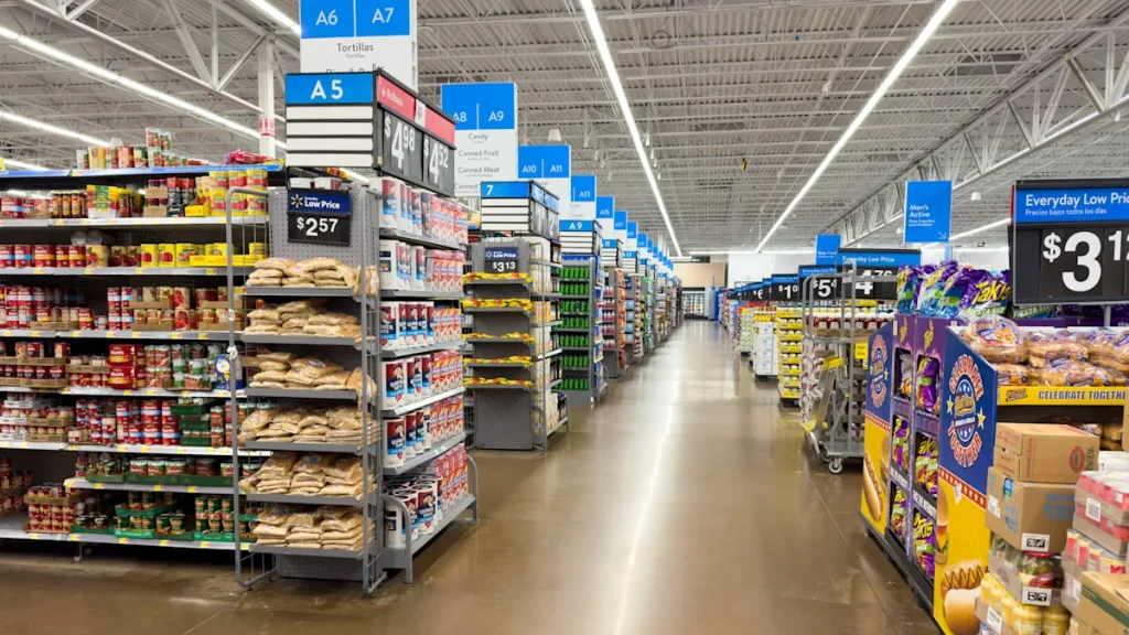 Walmart grocery aisle in the US showing affordable pantry staples