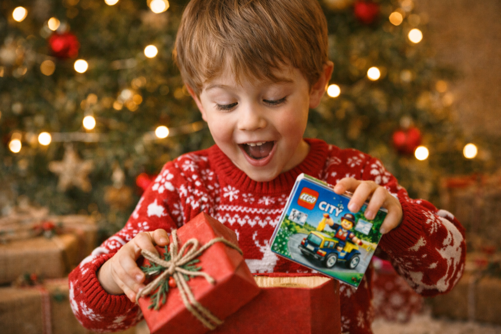 Child joyfully unwrapping a small LEGO Christmas gift under a decorated tree.