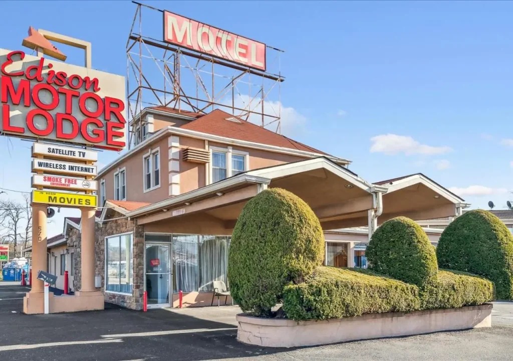 budget motel exterior in a quiet US area