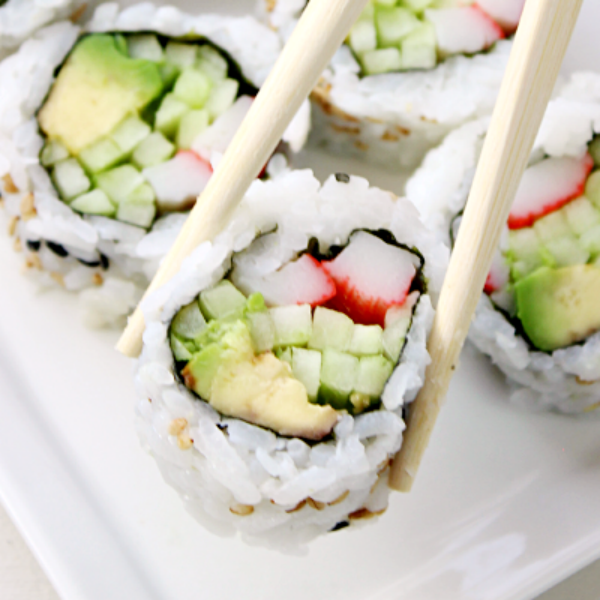 Affordable sushi rolls including California roll, cucumber roll, avocado roll, and shrimp roll.