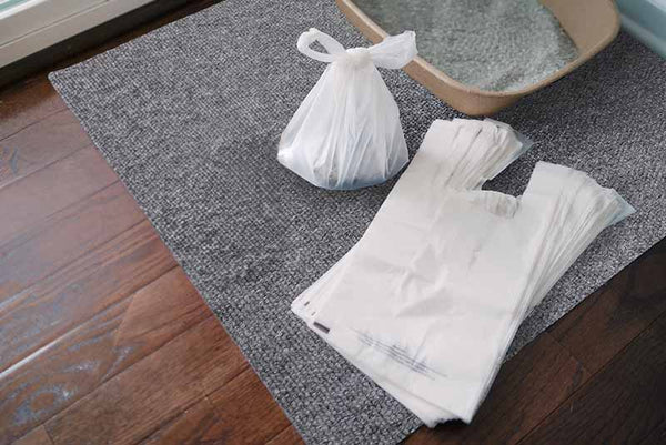 Budget cat litter bag next to litter box