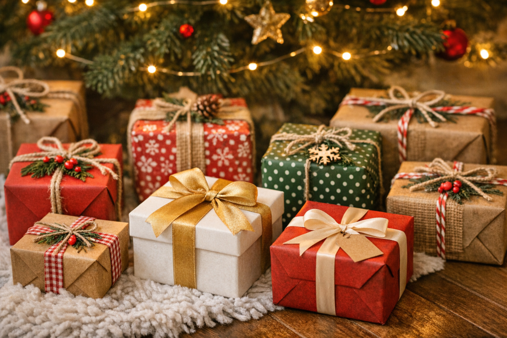 Family exchanging affordable and thoughtful Christmas gifts under a decorated tree.