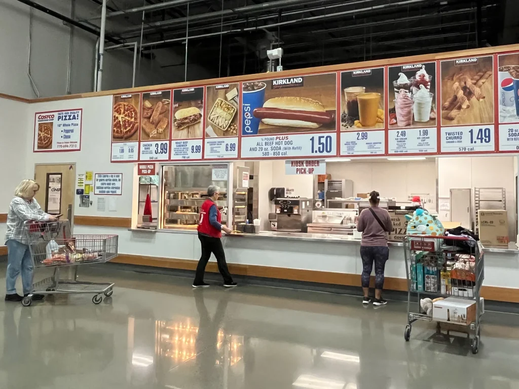 Costco warehouse food section with bulk groceries