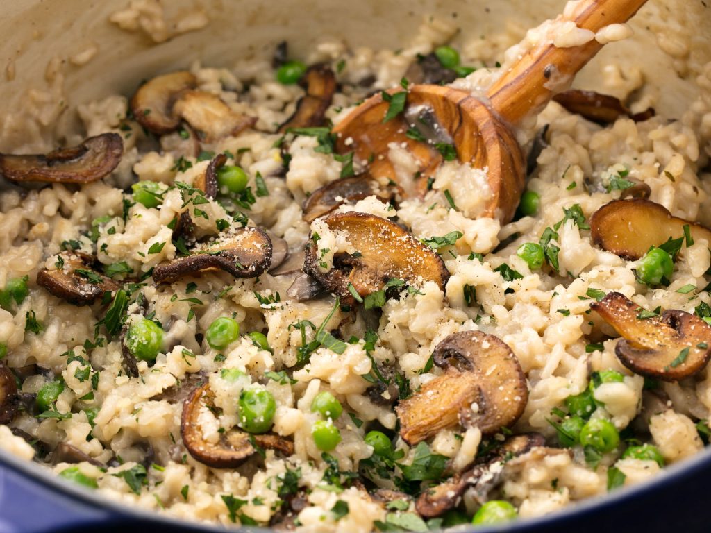 Creamy mushroom risotto prepared as a vegetarian dinner for two