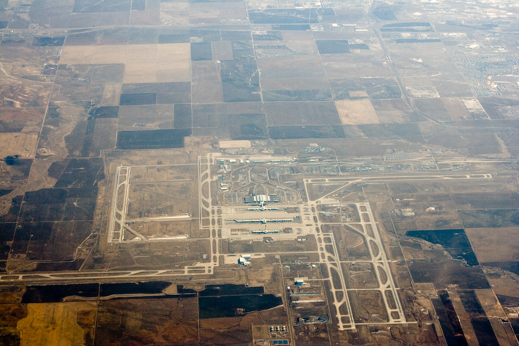 Denver International Airport aerial view with multiple terminals