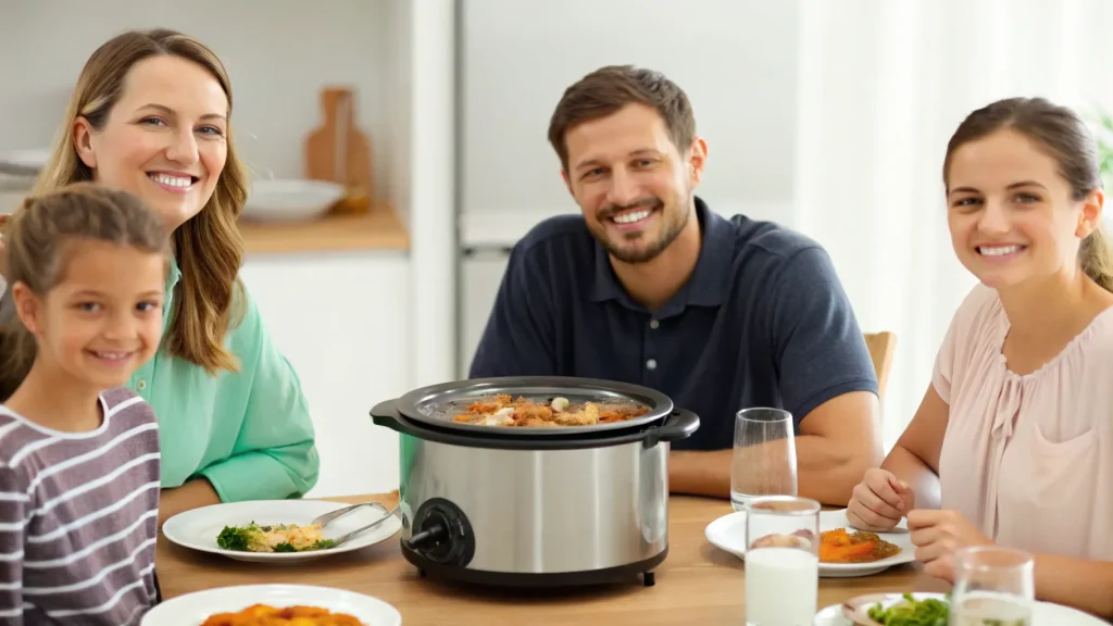 Family enjoying affordable crock pot dinner. (cheap crock pot meals}