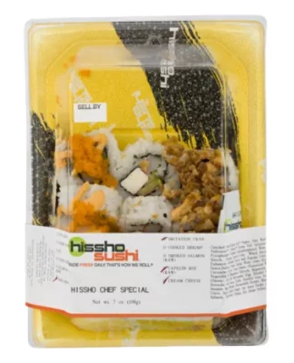 Hissho Sushi counter inside a US grocery store with prepared sushi trays.