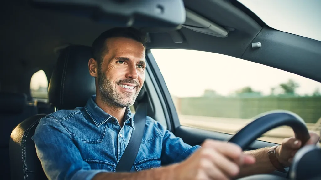 Happy hybrid car owner enjoying affordable transportation in the United States