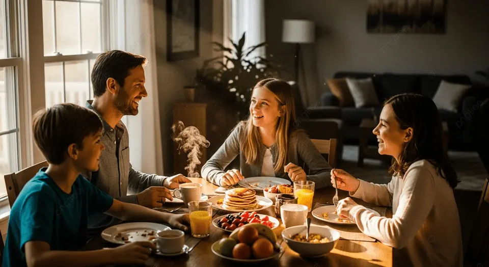 Variety of affordable breakfast ideas served attractively on a breakfast table.