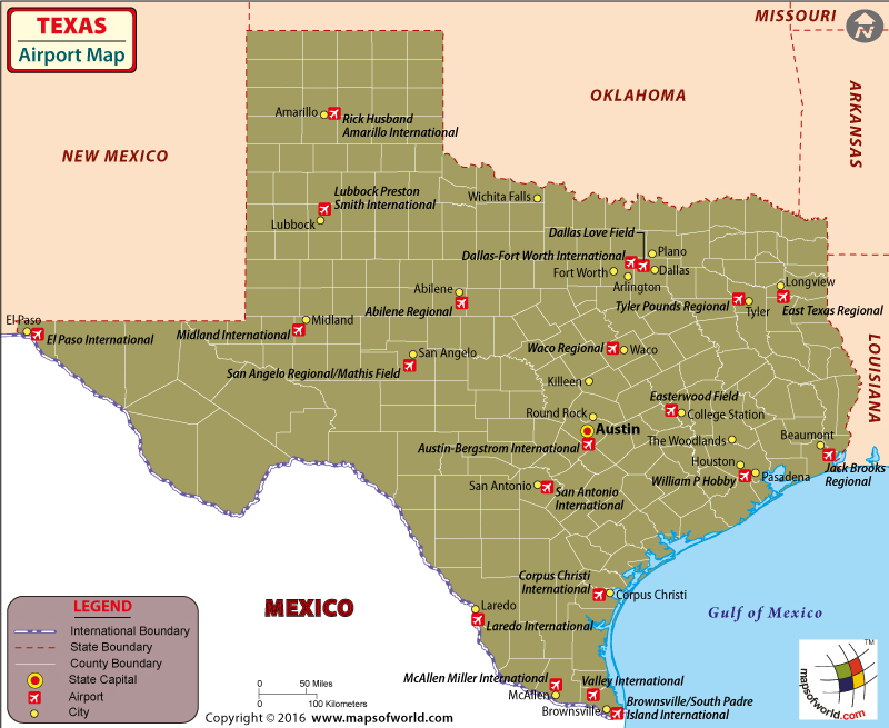 Texas map showing Austin Dallas and San Antonio airports