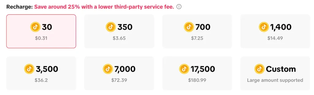 Comparison of TikTok coin prices on mobile app and desktop
