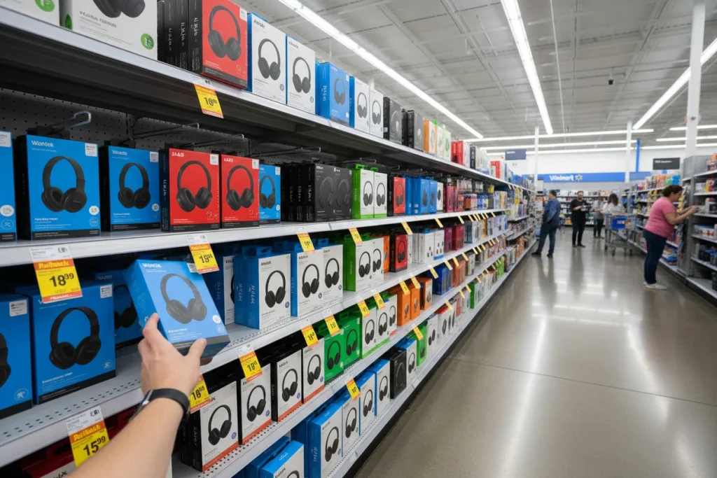 Walmart electronics section with headphones display