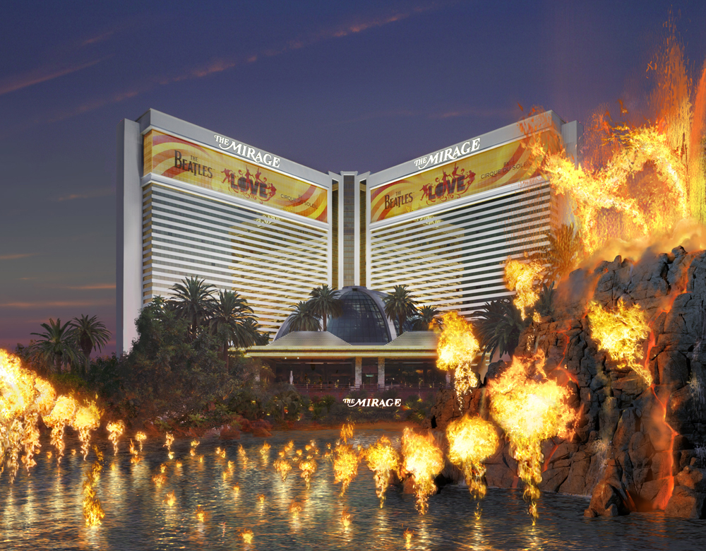 Mirage volcano erupting with fire at night Las Vegas Strip