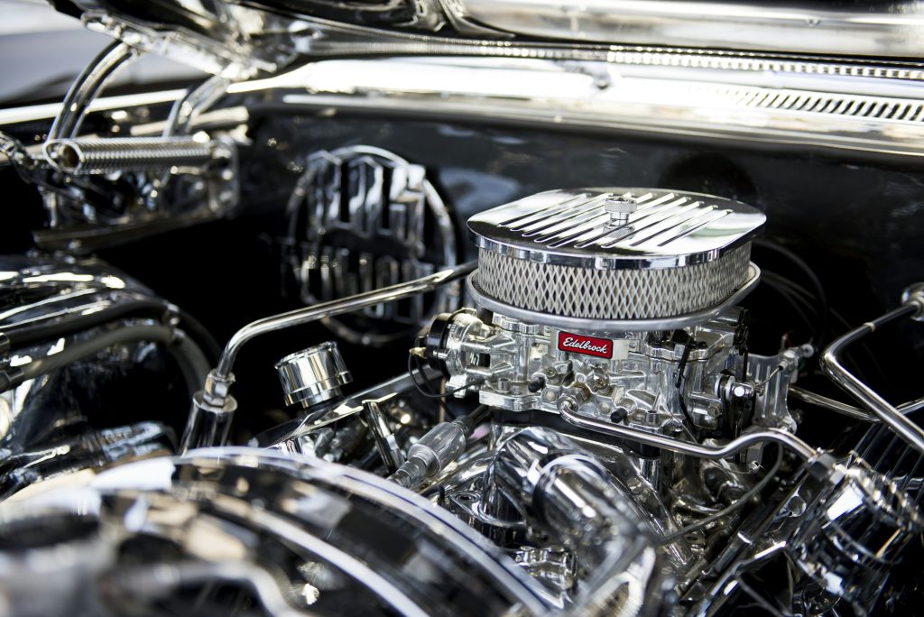 Close-up of a muscle car engine showing V8