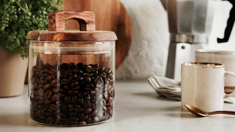 Coffee beans stored in airtight container