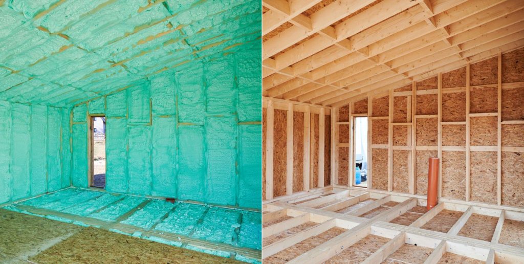 Collage infographic showing types of cheap insulation for attic, walls, and basement with energy savings highlights