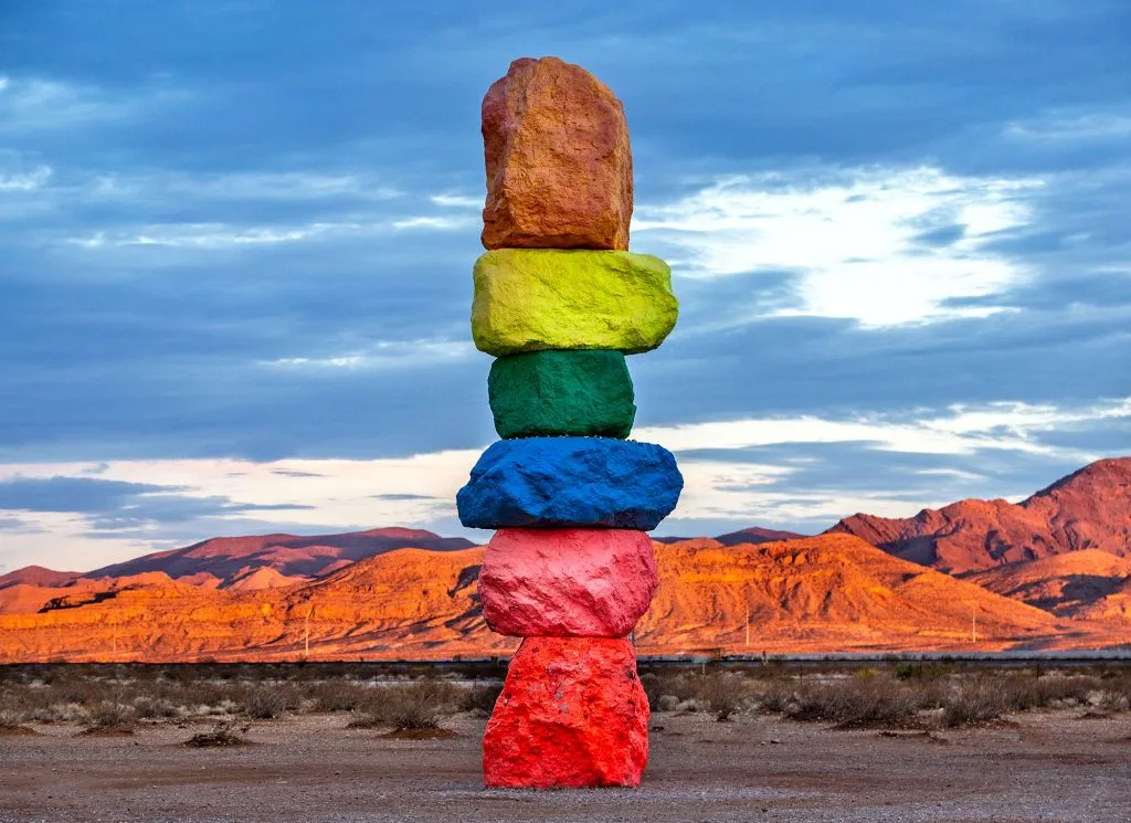 Colorful Seven Magic Mountains art installation in the desert near Las Vegas