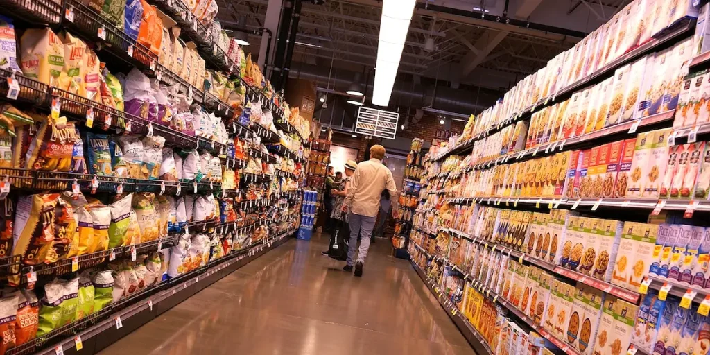 Discount store aisle in the United States showing affordable cheap items