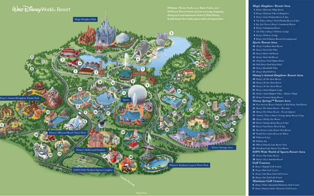Illustrated map of Walt Disney World Resort showing all parks and resorts.