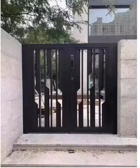 Exterior double doors displayed in a home improvement store showroom with price tags