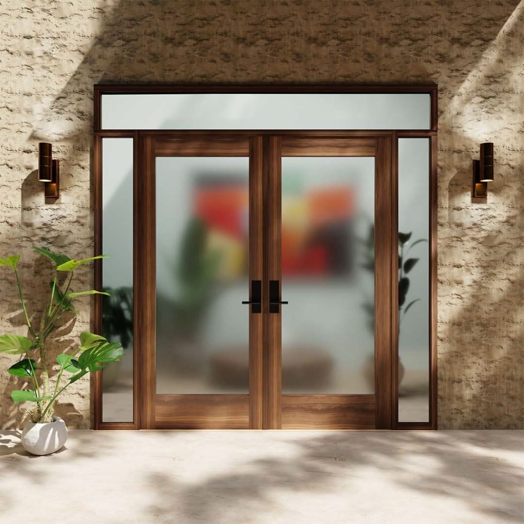 Exterior double doors with decorative glass panels allowing sunlight into the home