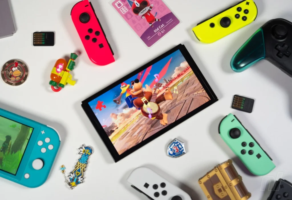 Flatlay of Nintendo Switch accessories including Joy-Cons, microSD cards, and game cards, perfect for budget setup inspiration