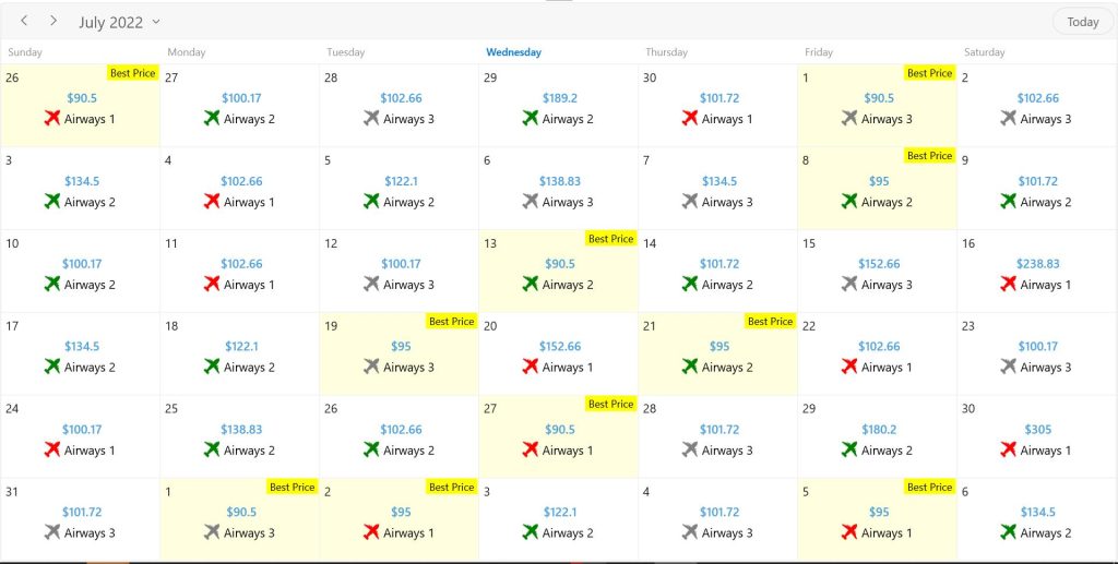 “Flight calendar showing cheapest travel dates during midweek vs weekends”