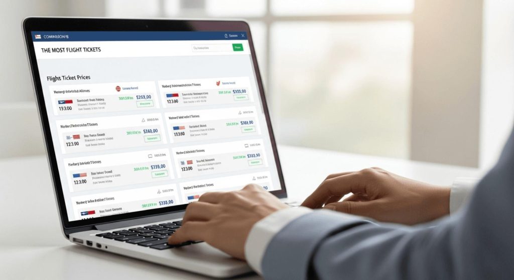 Flight comparison tools on laptop showing cheap flights