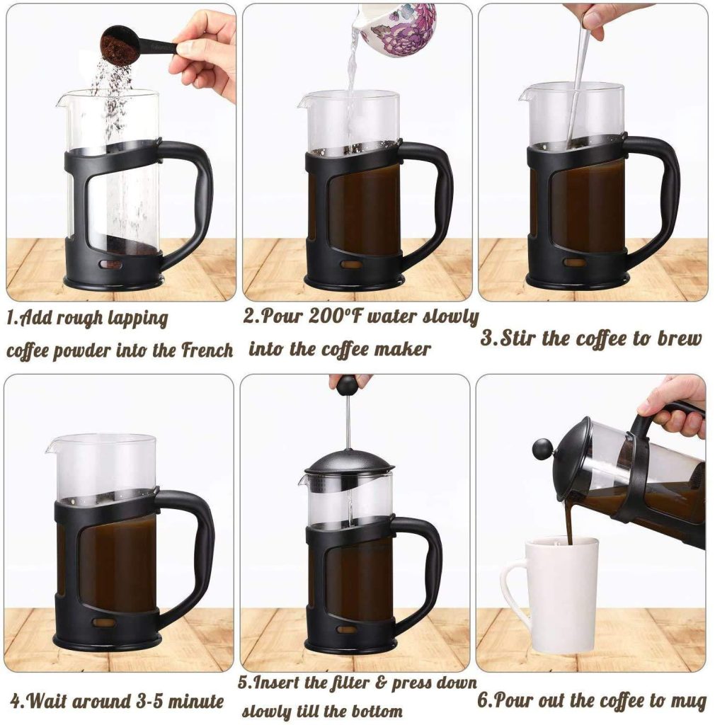 French press coffee brewing process at home