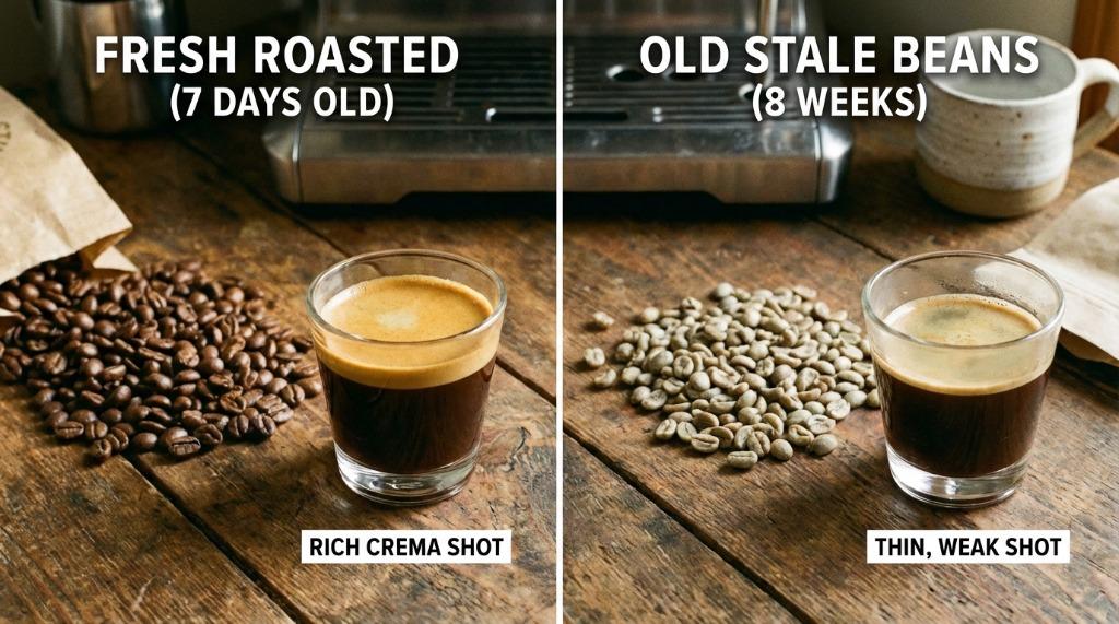 Fresh vs stale coffee beans comparison