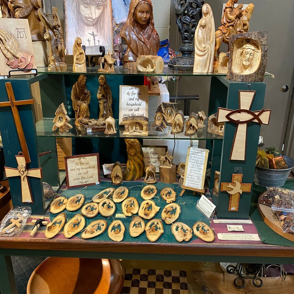 Handmade crafts and artisan products displayed at a Smoky Mountains market